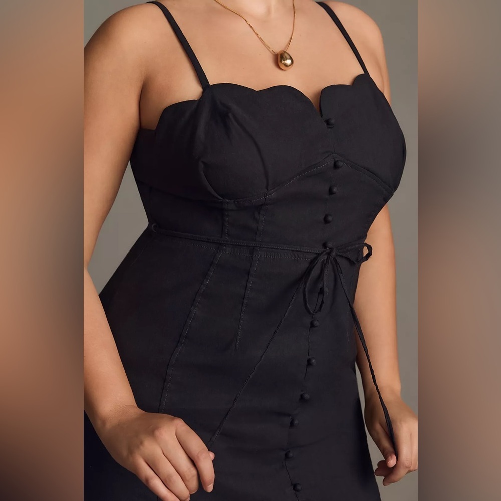 Anthropologie Slim Scalloped Front Slit Corset Midi Dress 14 Black whimsigoth - Picture 5 of 16